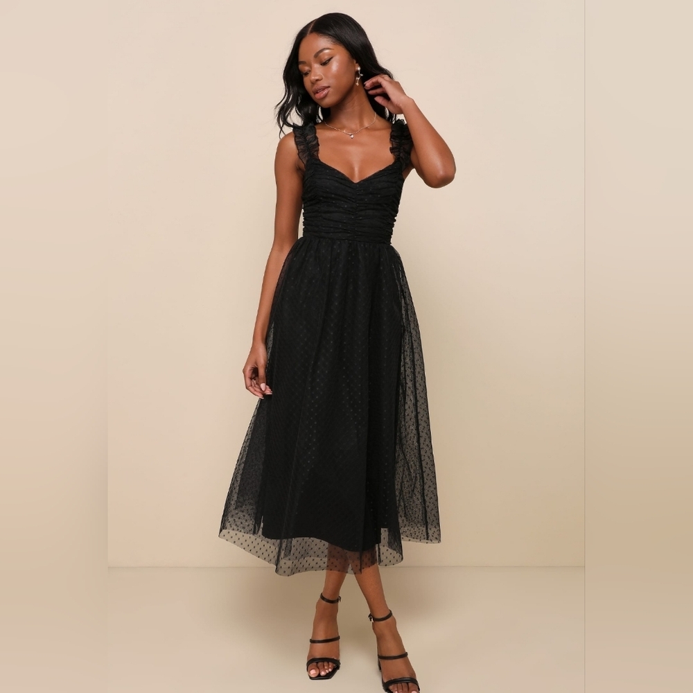 NWT! Lulus- Forever Celebrated Black Swiss Dot Ruched Tulle Midi Dress, Size XS